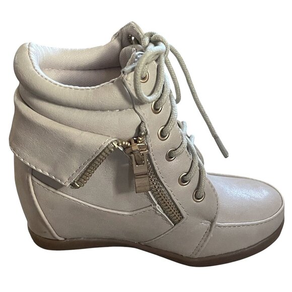 Lucky Top Kids Girls Leatherette Lace-Up High Top Hidden Wedge Beige Sneakers - Picture 5 of 8